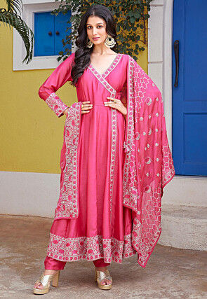 Embroidered Art Silk Anarkali Suit in Pink