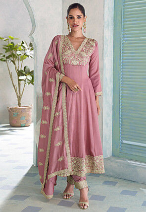 Embroidered Art Silk Anarkali Suit in Pink