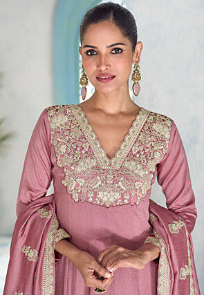 Embroidered Art Silk Anarkali Suit in Pink