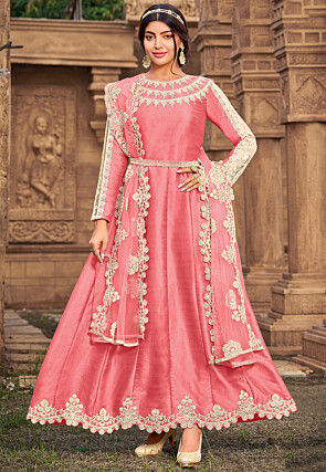 Embroidered Art Silk Anarkali Suit in Pink