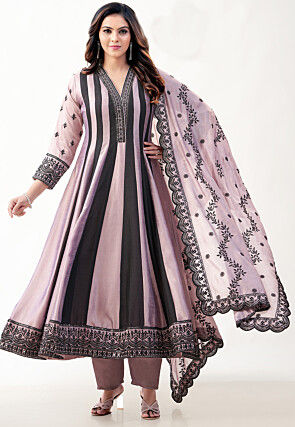Embroidered Art Silk Anarkali Suit in Purple and Black