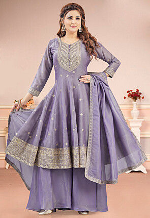 Embroidered Art Silk Anarkali Suit in Purple