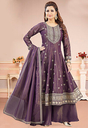 Embroidered Art Silk Anarkali Suit in Purple