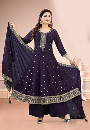 Embroidered Art Silk Anarkali Suit in Purple