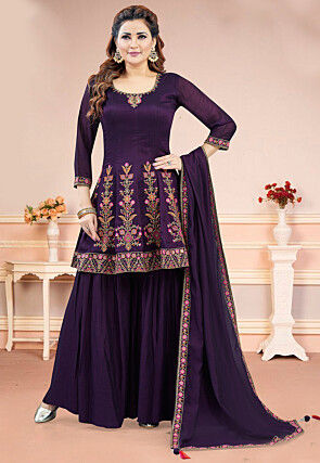 Embroidered Art Silk Anarkali Suit in Purple