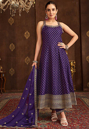 Embroidered Art Silk Anarkali Suit in Purple