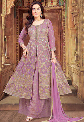 Embroidered Art Silk Anarkali Suit in Purple