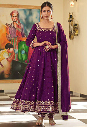 Embroidered Art Silk Anarkali Suit in Purple