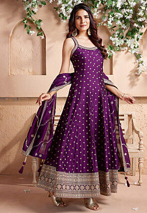 Embroidered Art Silk Anarkali Suit in Purple