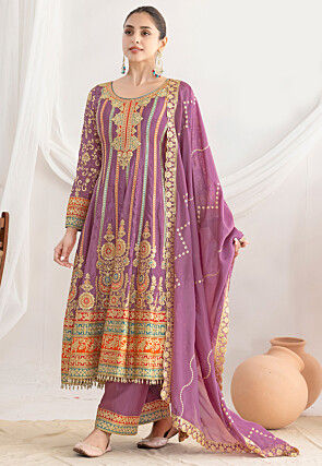 Embroidered Art Silk Anarkali Suit in Purple