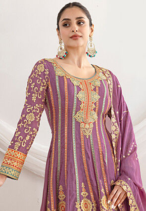 Embroidered Art Silk Anarkali Suit in Purple