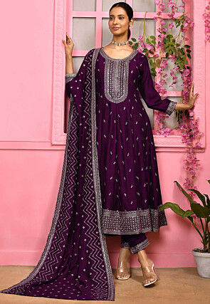 Embroidered Art Silk Anarkali Suit in Purple