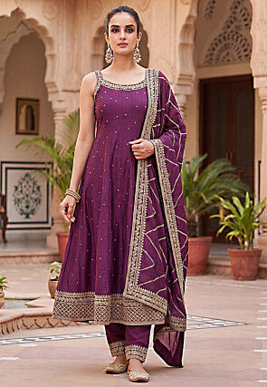 Embroidered Art Silk Anarkali Suit in Purple