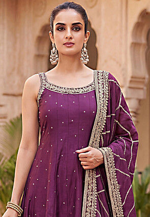 Embroidered Art Silk Anarkali Suit in Purple