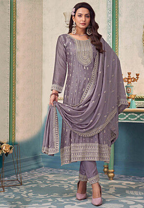 Embroidered Art Silk Anarkali Suit in Purple