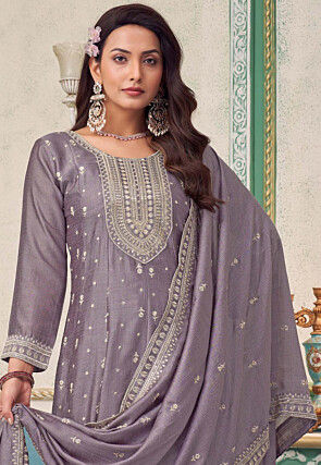Embroidered Art Silk Anarkali Suit in Purple