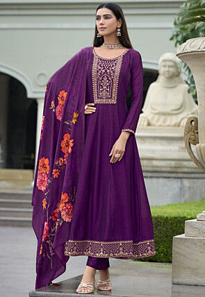 Embroidered Art Silk Anarkali Suit in Purple