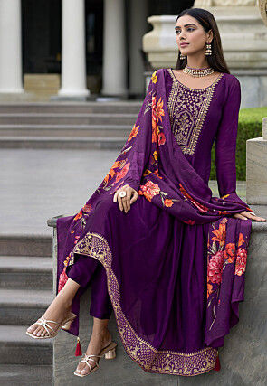 Embroidered Art Silk Anarkali Suit in Purple