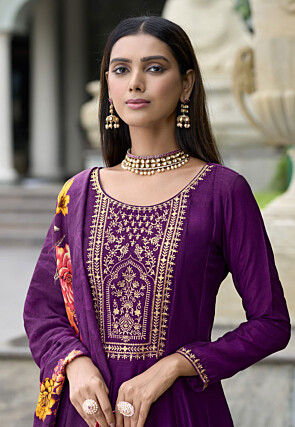 Embroidered Art Silk Anarkali Suit in Purple