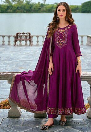 Embroidered Art Silk Anarkali Suit in Purple