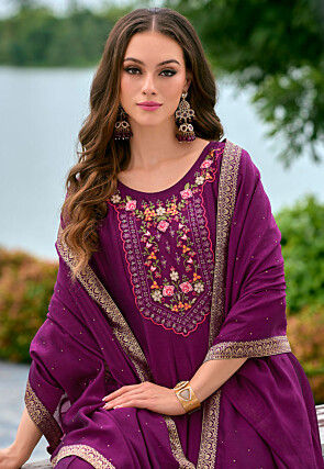 Embroidered Art Silk Anarkali Suit in Purple