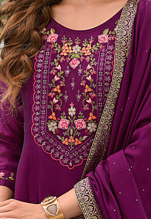 Embroidered Art Silk Anarkali Suit in Purple