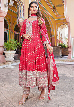 Embroidered Art Silk Anarkali Suit in Red
