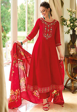 Embroidered Art Silk Anarkali Suit in Red
