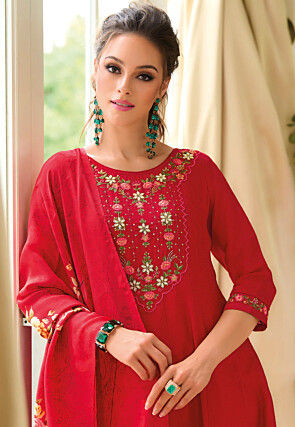 Embroidered Art Silk Anarkali Suit in Red