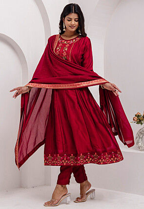 Embroidered Art Silk Anarkali Suit in Red