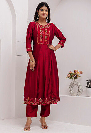 Embroidered Art Silk Anarkali Suit in Red