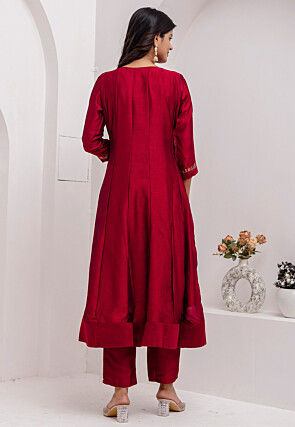 Embroidered Art Silk Anarkali Suit in Red