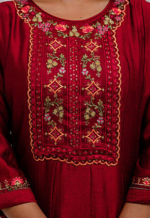 Embroidered Art Silk Anarkali Suit in Red