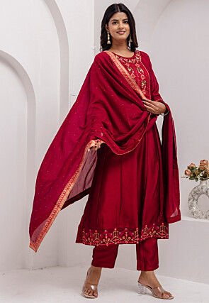 Embroidered Art Silk Anarkali Suit in Red