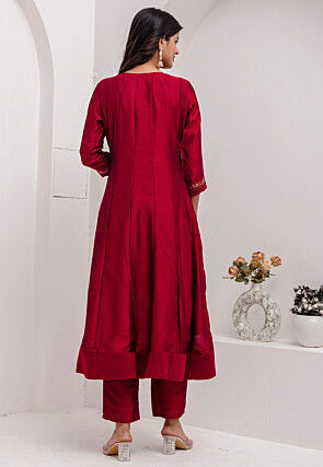 Embroidered Art Silk Anarkali Suit in Red