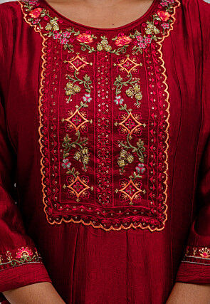 Embroidered Art Silk Anarkali Suit in Red