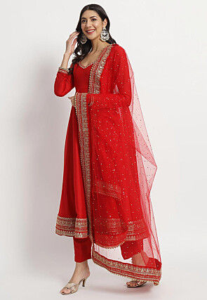 Embroidered Art Silk Anarkali Suit in Red