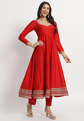 Embroidered Art Silk Anarkali Suit in Red