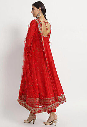 Embroidered Art Silk Anarkali Suit in Red