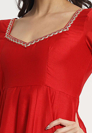 Embroidered Art Silk Anarkali Suit in Red