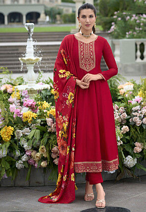 Embroidered Art Silk Anarkali Suit in Red