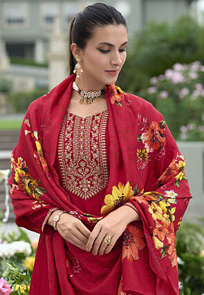 Embroidered Art Silk Anarkali Suit in Red