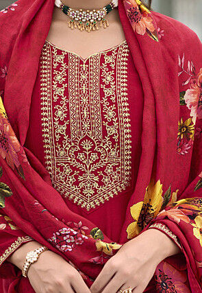 Embroidered Art Silk Anarkali Suit in Red