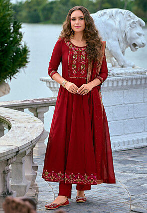 Embroidered Art Silk Anarkali Suit in Red