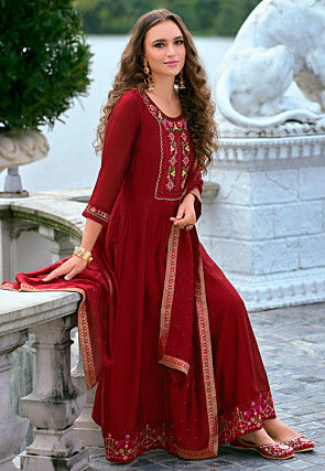 Embroidered Art Silk Anarkali Suit in Red