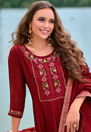 Embroidered Art Silk Anarkali Suit in Red