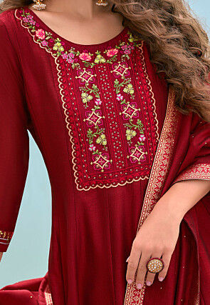 Embroidered Art Silk Anarkali Suit in Red