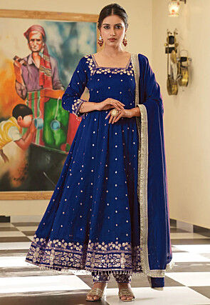 Embroidered Art Silk Anarkali Suit in Royal Blue