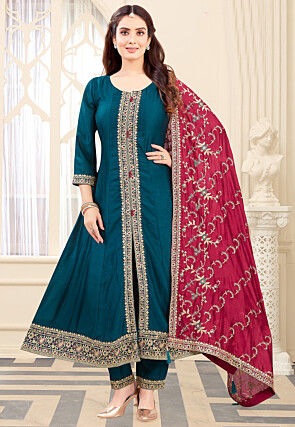 Embroidered Art Silk Anarkali Suit in Teal Blue