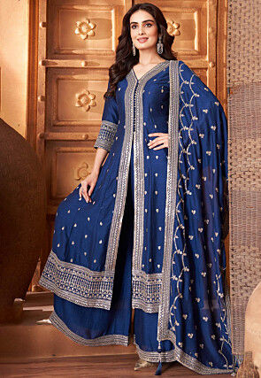Embroidered Art Silk Anarkali Suit in Teal Blue